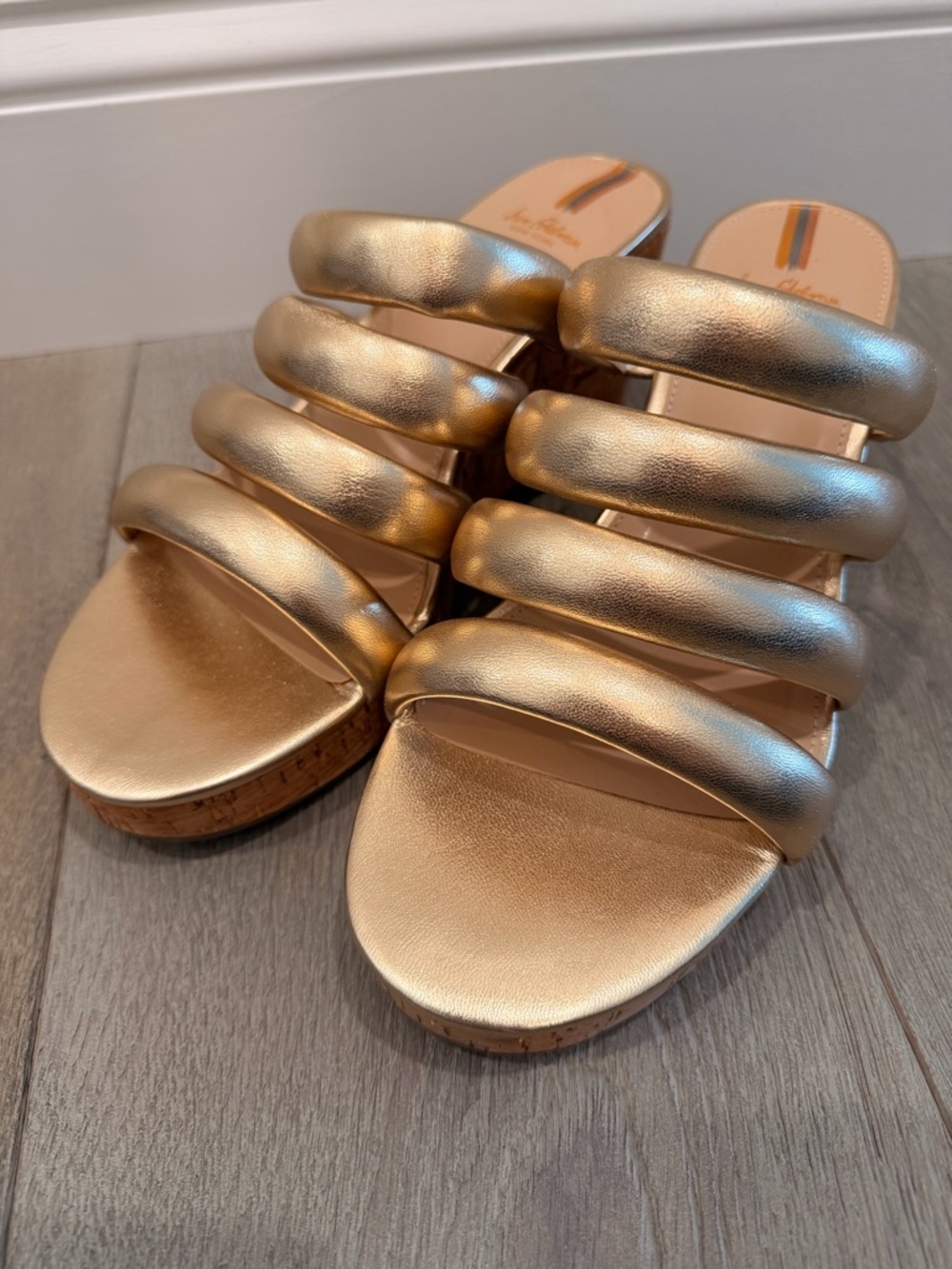 Sam Edelman Yuki Gold Metallic Cork Wedge Slide Sandals Strappy Platform 8.5 - Picture 3 of 11